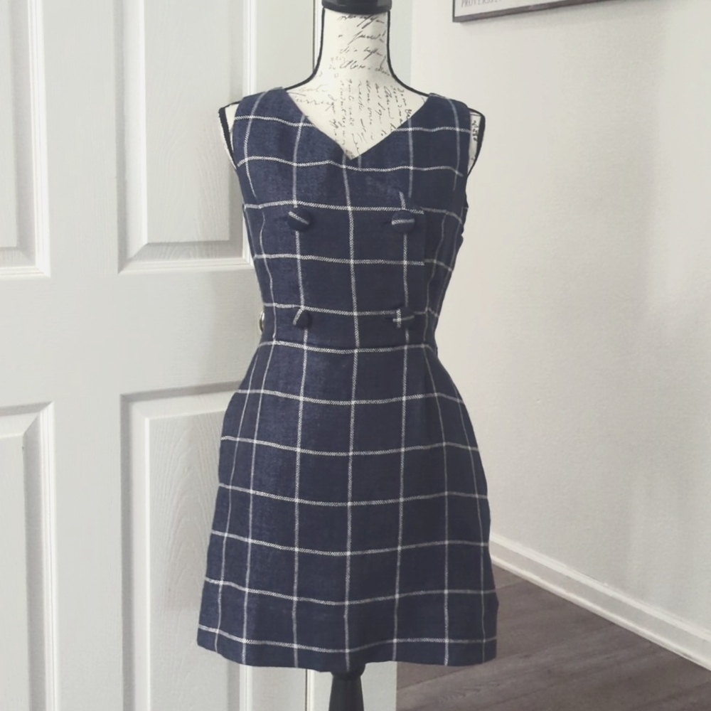LISA MARIE FERNÁNDEZ "Jackie" Blue Plaid Linen Sleeveless Mini Dress ~ NWT